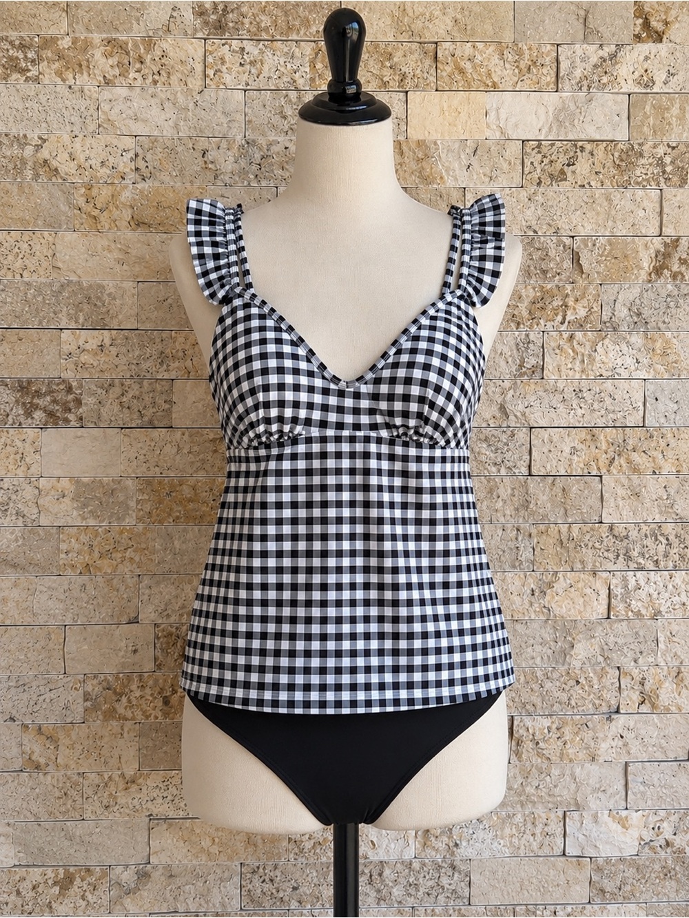 Black & White Gingham Ruffle Strap bathing suit top only2X
